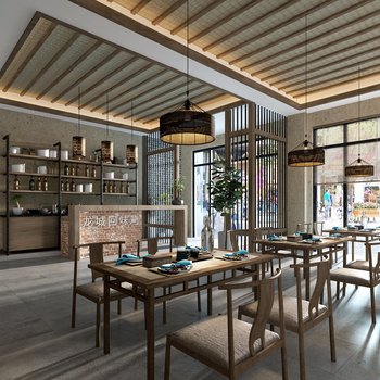 新中式餐饮大厅3d模型