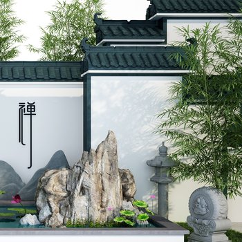新中式徽派建筑庭院荷花池景观3d模型