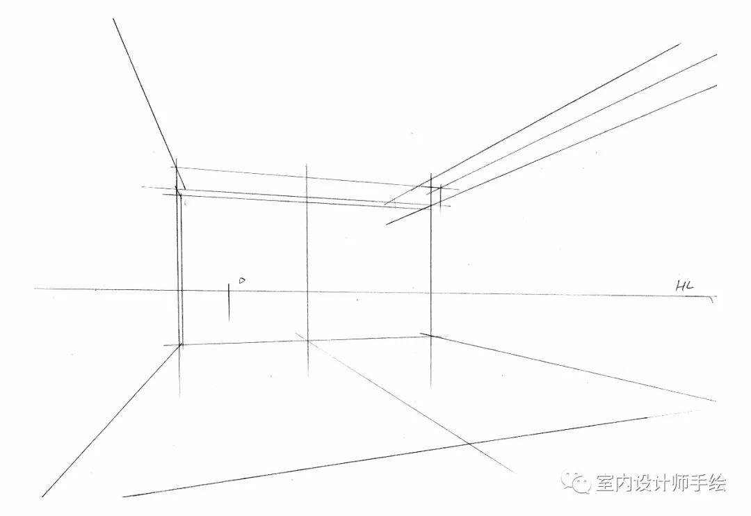 步骤二运用一点斜透视原则,大致画出内墙体宽和高,然后定好视平线和