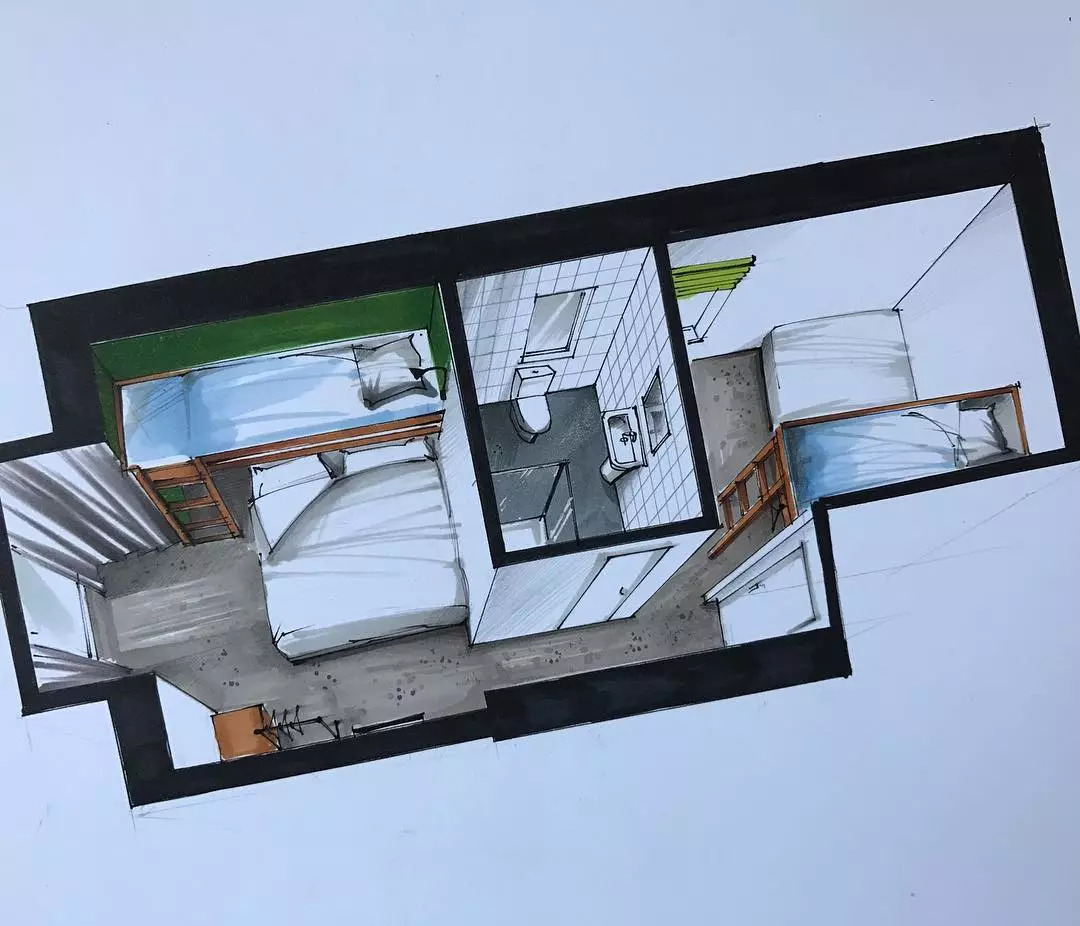 手绘宿舍马克笔表现!-设计头条