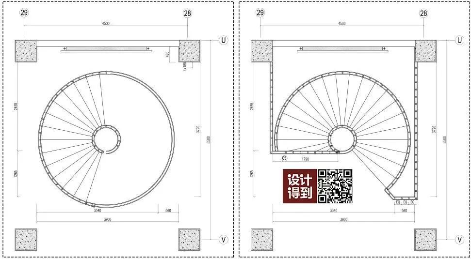 绘制两层旋转楼梯平面图↑2,在楼梯范围内,以同心圆圆心旋转阵列踏步