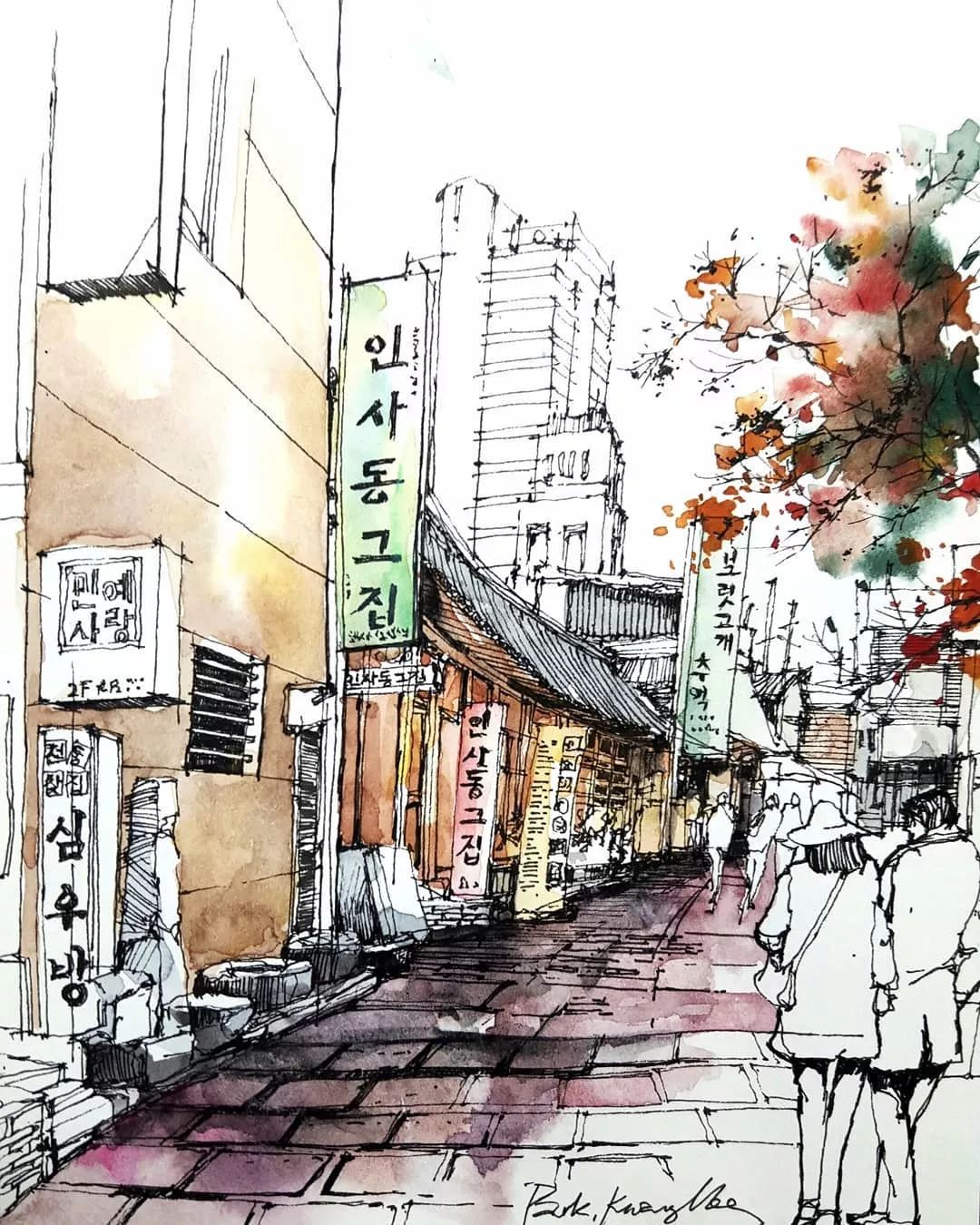 用手绘记录韩国街头小巷的风采!