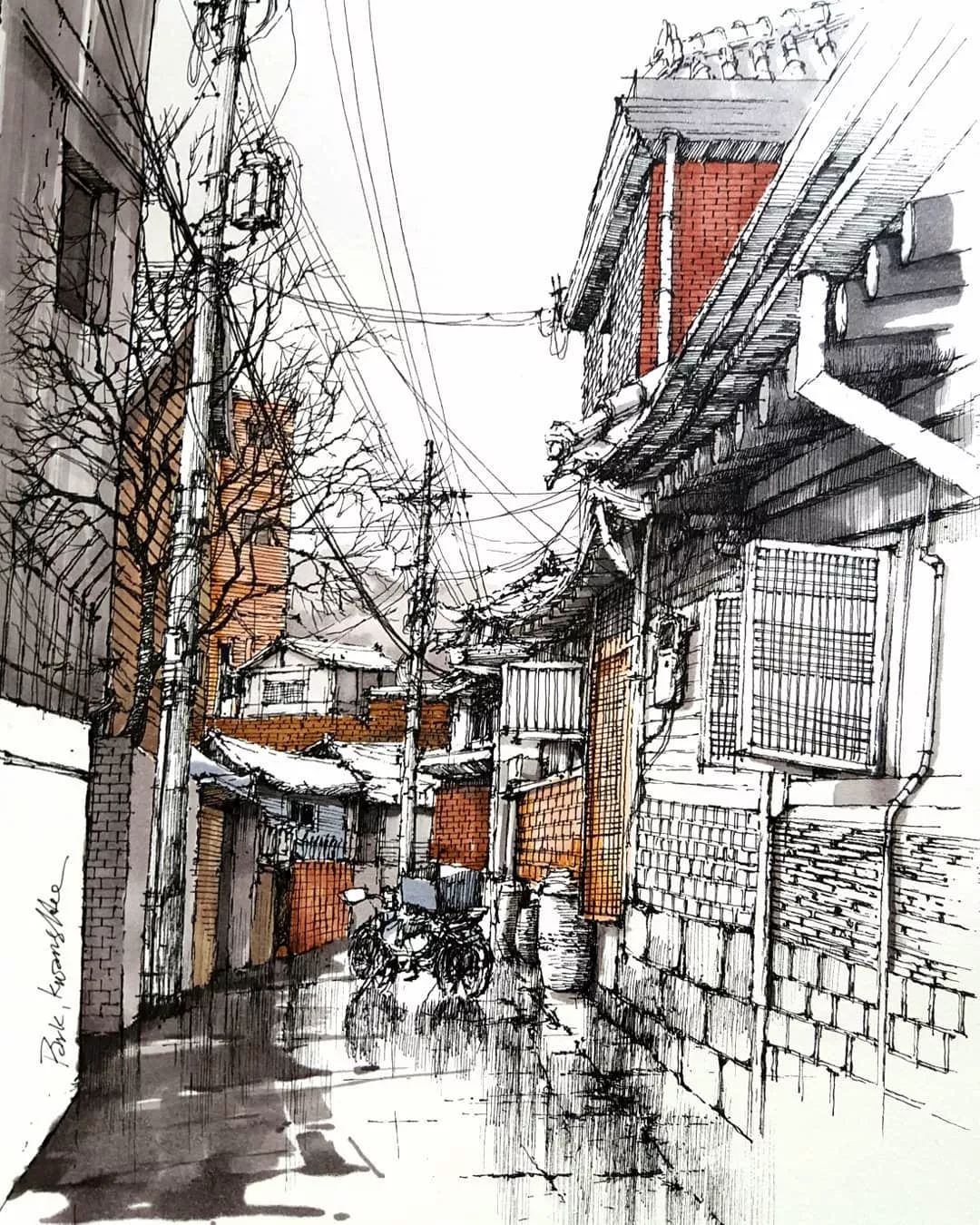 用手绘记录韩国街头小巷的风采!