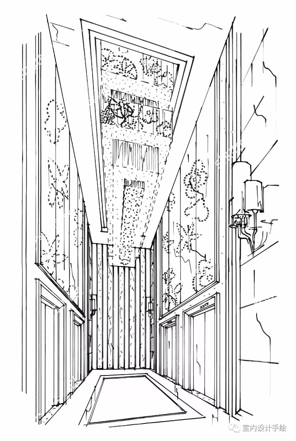 酒店电梯间过道室内手绘空间线稿分享