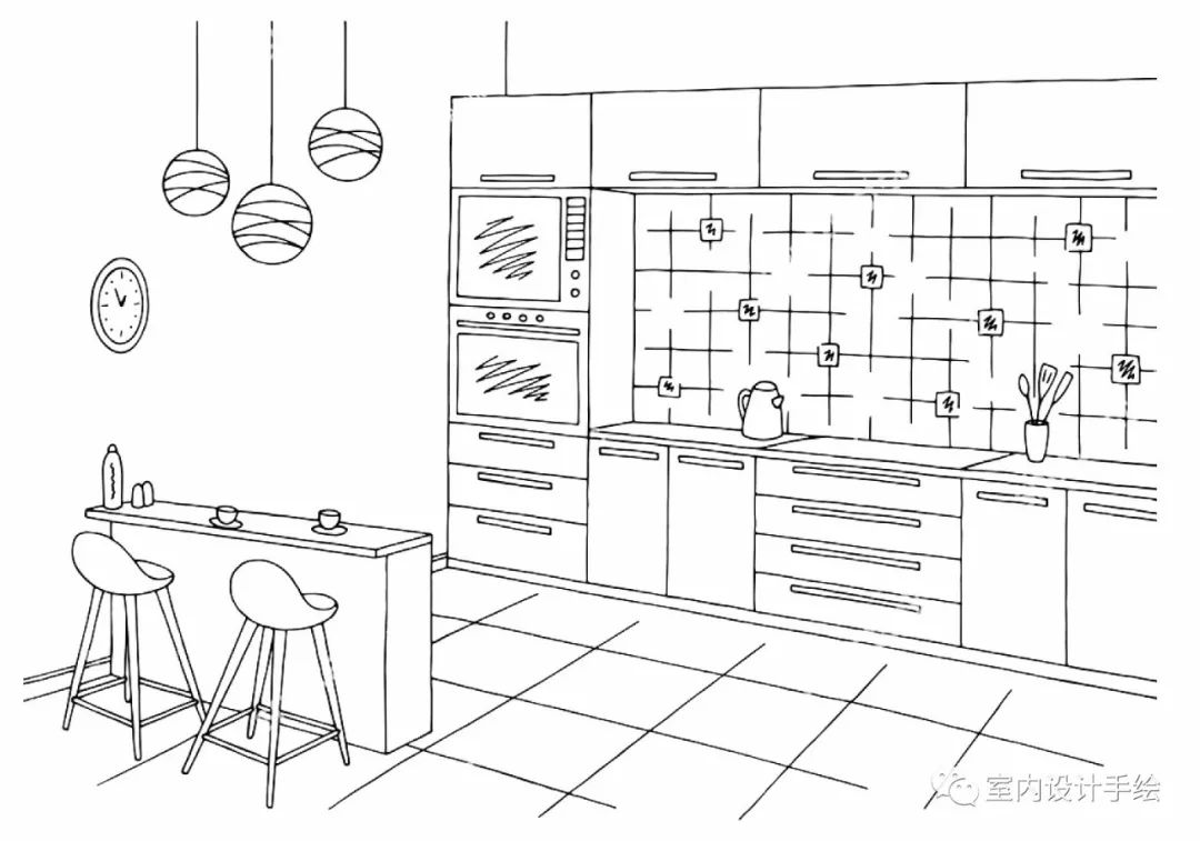 关于厨房橱柜的室内设计手绘线稿!