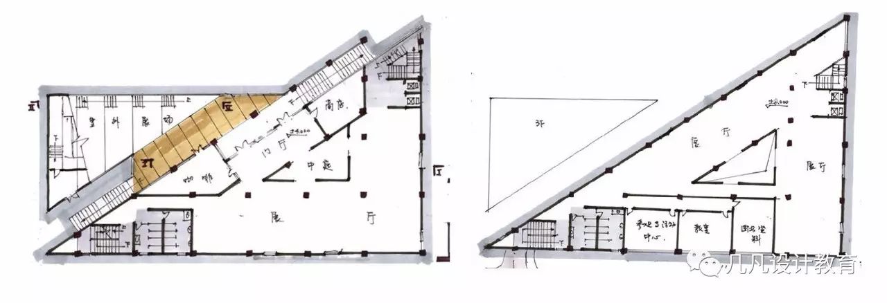 楼梯布置在三角形平面的端头,既可以弱化锐角空间,又可以保证主要使用