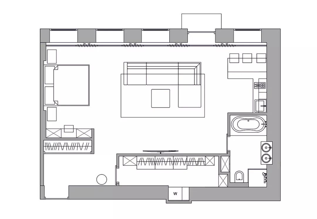 工作室平面图,说明壁橱空间的布局和紧凑型设施.