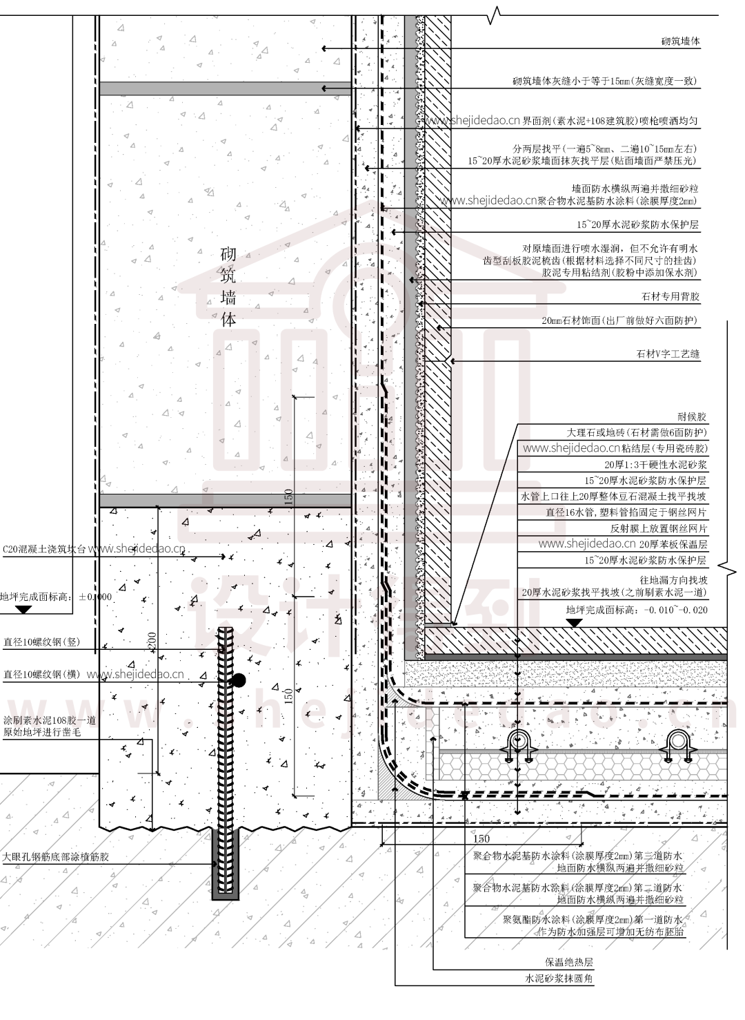 1,地梁的标准表达方式;2,墙根防水的设计细节;3,地暖与墙体的关系及
