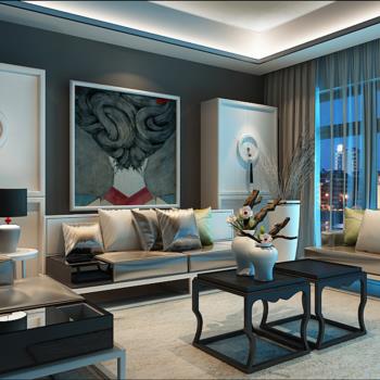 现代新中式客厅沙发椅子茶几组合3d模型