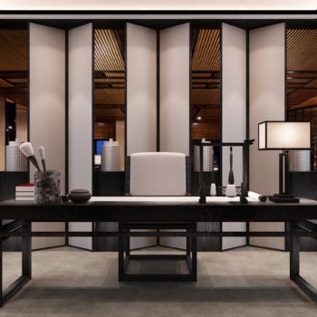 新中式书房办公桌椅组合3d模型