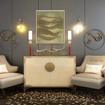 现代中式柜子沙发灯具饰品组合