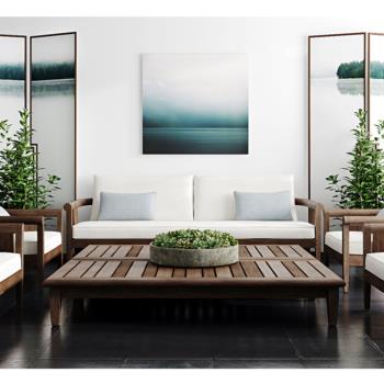 新中式客厅沙发茶几屏风绿植组合