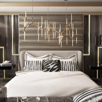 现代美式卧室吊灯台灯床具组合3d模型