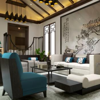 新中式客厅，沙发组合，现代中式
