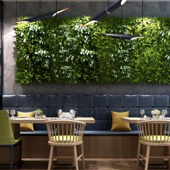 现代餐厅桌椅组合植物墙