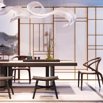 现代新中式茶桌椅子吊灯组合