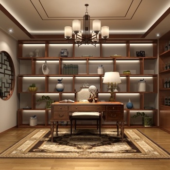 新中式客厅书房3d模型