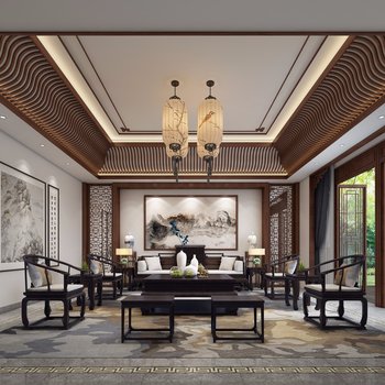 新中式会客厅书房3d模型