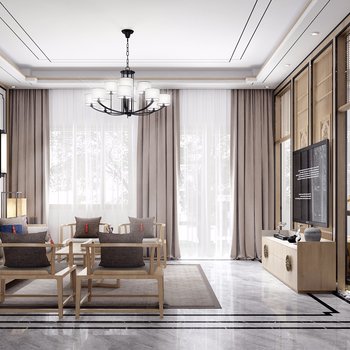 新中式客厅茶室3d模型
