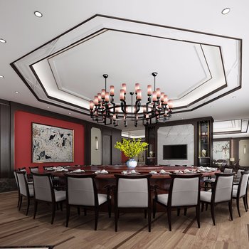 新中式会所餐厅3d模型