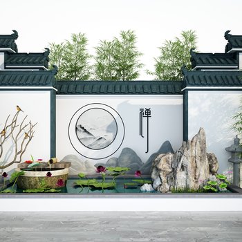 新中式徽派建筑庭院荷花池景观