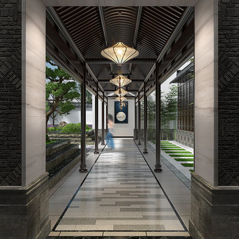 中式庭院长廊3d模型