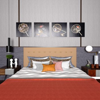 布鲁盟设计 济南新城玺樾别墅 现代轻奢双人床床头柜组合-做整个床3d模型