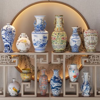 中式青花瓷瓶组合