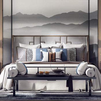 新中式双人床床头柜组合3d模型