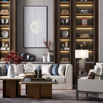新中式客厅沙发茶几书柜组合