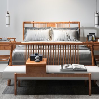 新中式双人床床头柜组合3d模型
