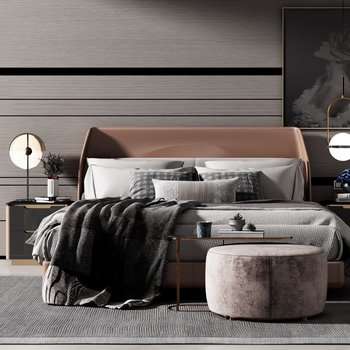 现代轻奢双人床床头柜组合3d模型