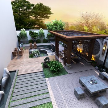 新中式别墅园林3d模型