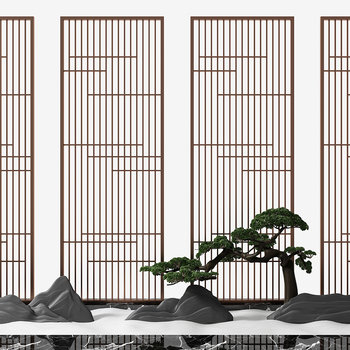 新中式花格屏风松树假山旱景小品3d模型
