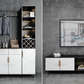 现代轻奢鞋柜电视柜组合模型id105596638