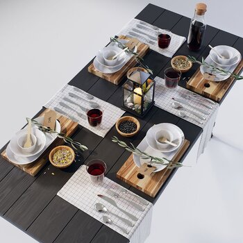 现代餐桌餐具食物组合3d模型