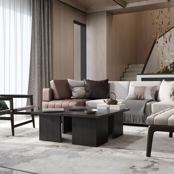 华墨国际设计 新中式客厅3d模型