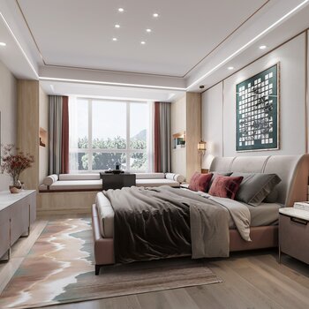 现代中式卧室3d模型