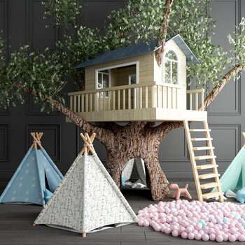 现代儿童玩具木房子树摆件组合3d模型