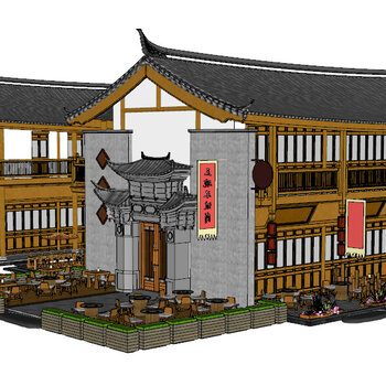 中式客栈su模型