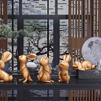 新中式兔子雕塑摆件组合