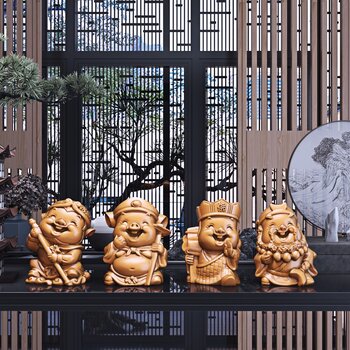 新中式木雕陈设摆件组合
