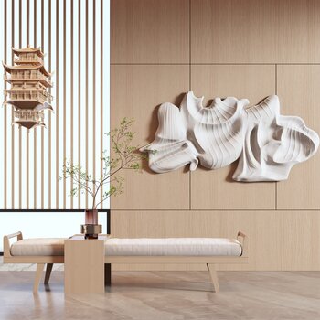 新中式墙面装置艺术品沙发凳组合