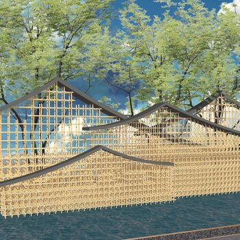 新中式风格坡屋顶镂空景墙创意景墙