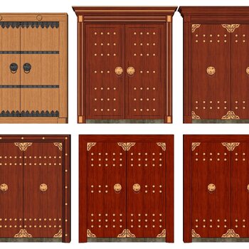 新中式双开铜钉大门su模型