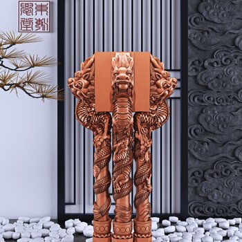 新中式装饰盘龙柱雕塑摆件