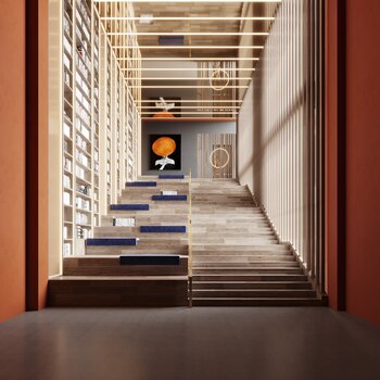 现代图书馆楼梯书架3d模型