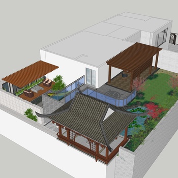 新中式庭院景观su模型下载