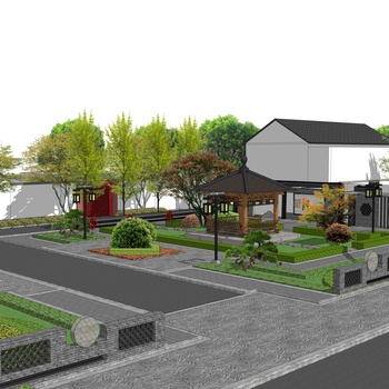 新中式休闲广场su模型下载