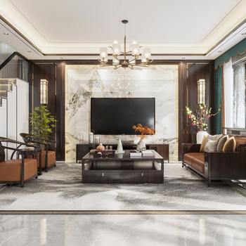 新中式别墅客厅电视背景墙休闲椅边几角几太师椅电视柜3d模型下载